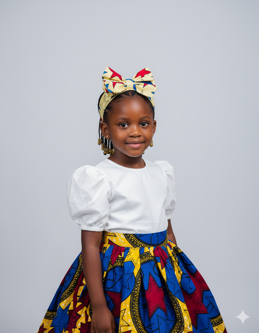 Bandeau enfant fille en wax coloré, accessoire fait main idéal pour look de cérémonie.