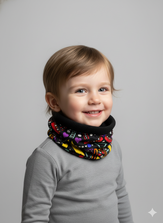 Cache-cou enfant en polaire douce avec tissu wax coloré, accessoire chaud et joyeux pour l’hiver