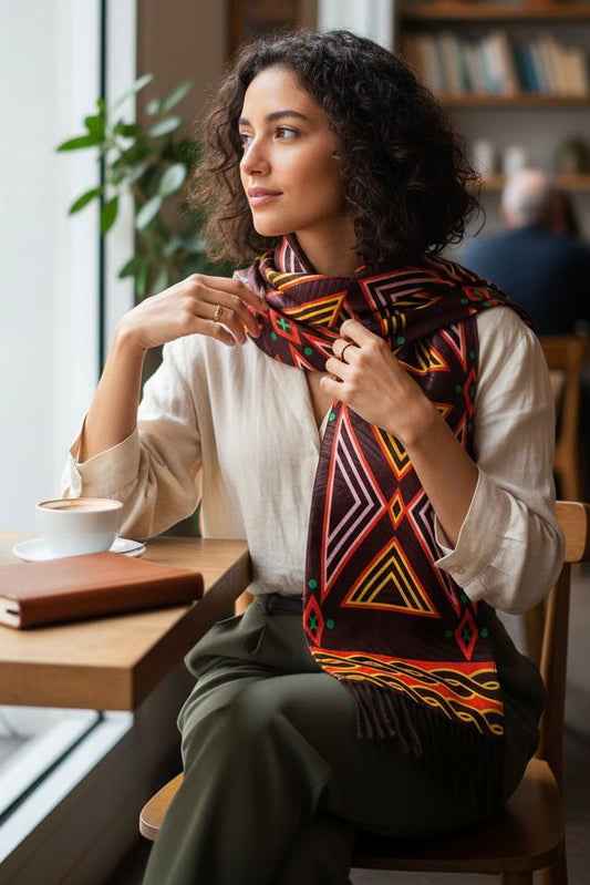 Écharpe mixte pour homme et femme en wax toghu, aux motifs traditionnels inspirés de la culture camerounaise.