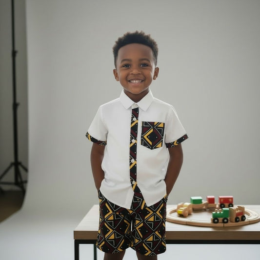 Ensemble garçon chemise et bermuda style wax bogolan avec chemise 65% polyester 35% coton, tenue estivale élégante