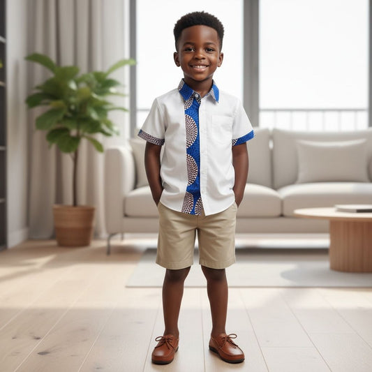Chemise garçon blanche avec détails wax col manches et bande verticale style africain