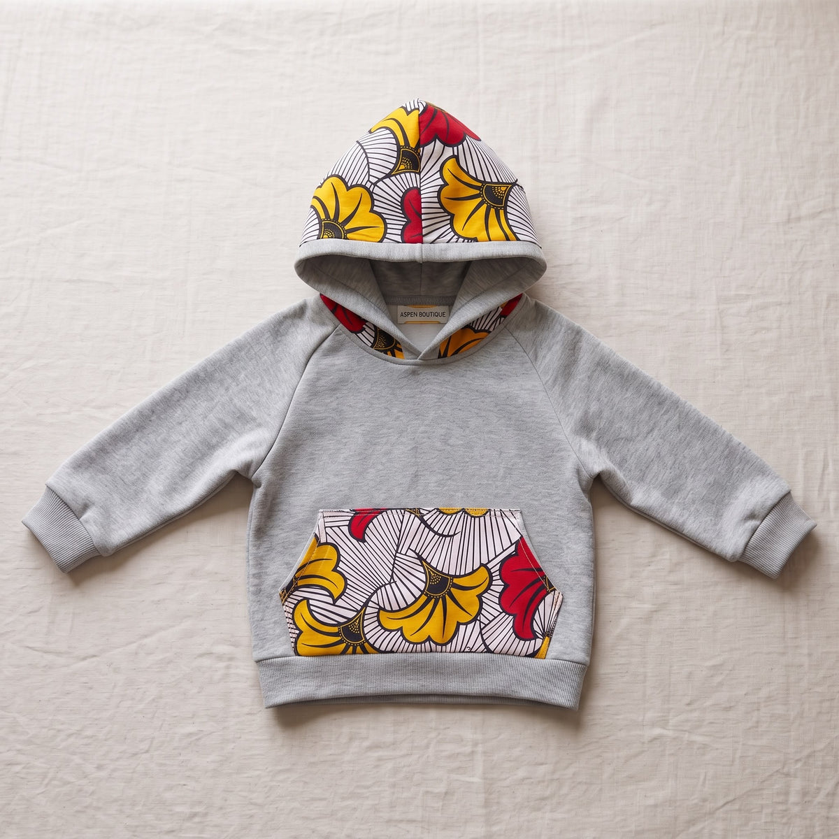 Sweat mixte à capuche enfant MPESA gris – Personnalisé en wax
