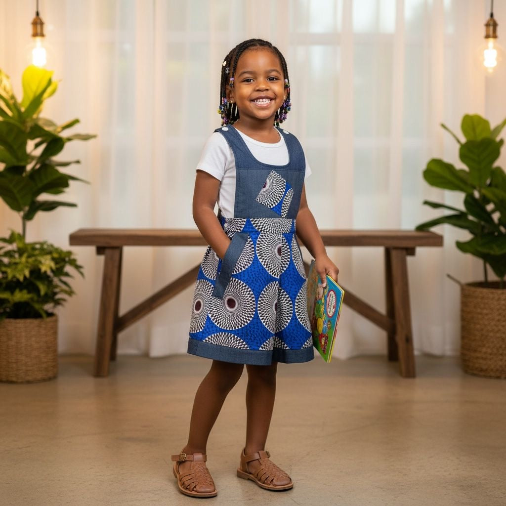Salopette enfant fille faite main en mélange de wax africain et denim, coupe moderne, tenue unique au style tendance.