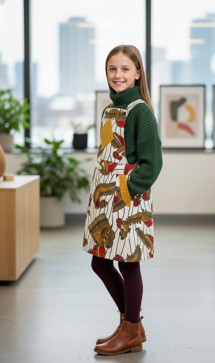 Salopette colorée en tissu wax pour fille, avec motifs africains traditionnels et bretelles ajustables.