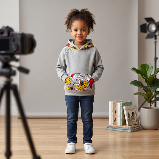 Sweat-shirt enfant gris MPESA fait main, capuche et poche en wax fleuri afro moderne