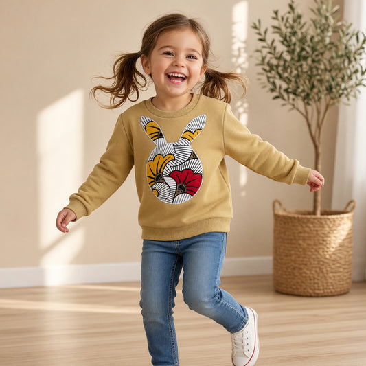 Sweat-shirt enfant moutarde sans capuche, personnalisé avec une tête de lapin en tissu wax fleuri sur le devant.