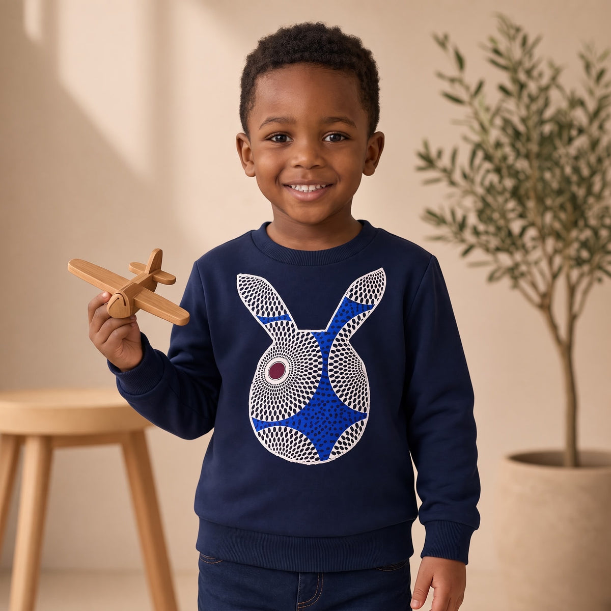 Sweat-shirt enfant bleu MBEMA en coton avec motif lapin et tissu wax africain fait main