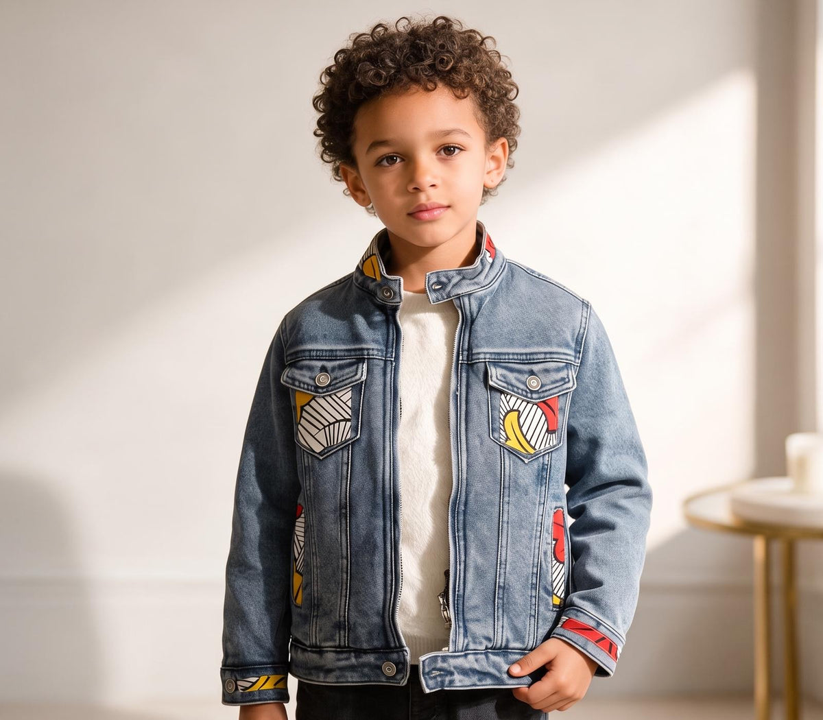 Veste en jean fourrée pour garçon MPESA Denim, personnalisée avec des touches de wax fleuri sur les poches et le col, le bord des manches, et le dos