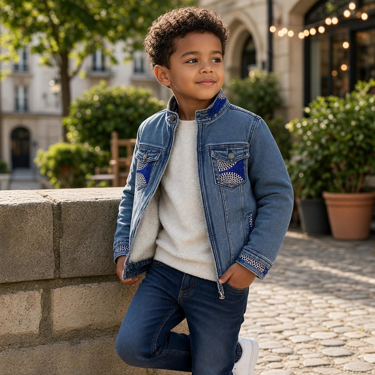 Enfant portant une veste en jean bleu fourrée MBEMA, avec détails en wax bleu, blanc et bordeaux sur le col, les poches et les poignets.