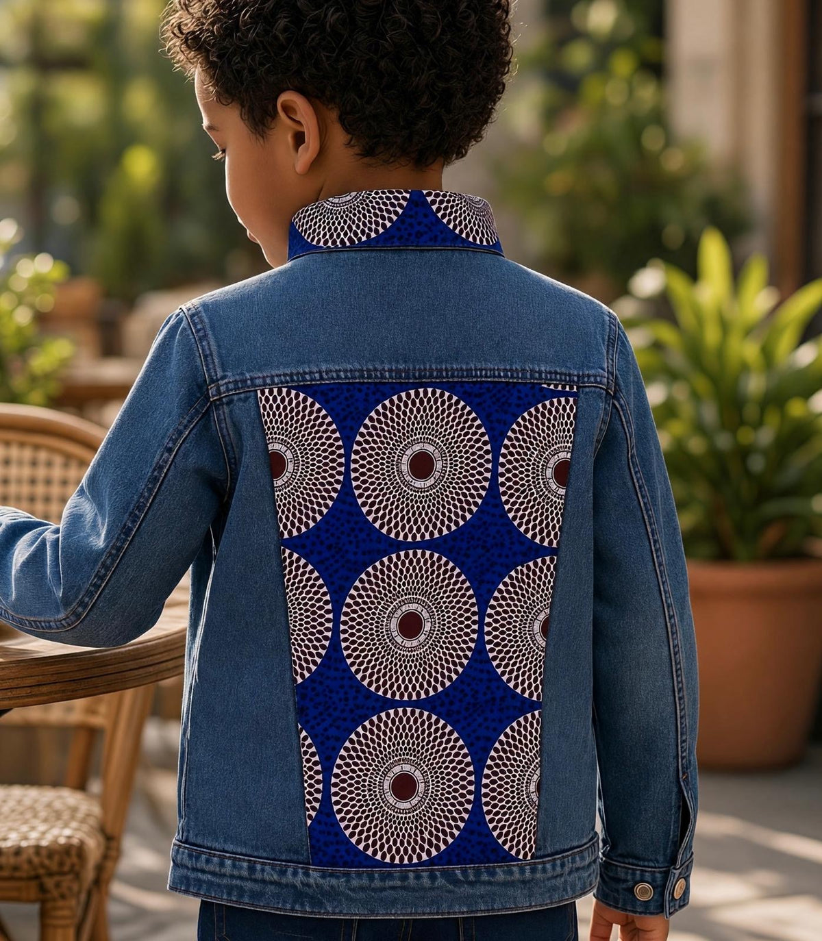 Veste en jean fourrée enfant MBEMA avec poches poitrine à rabat et empiècements en wax sur le col et les poignets.