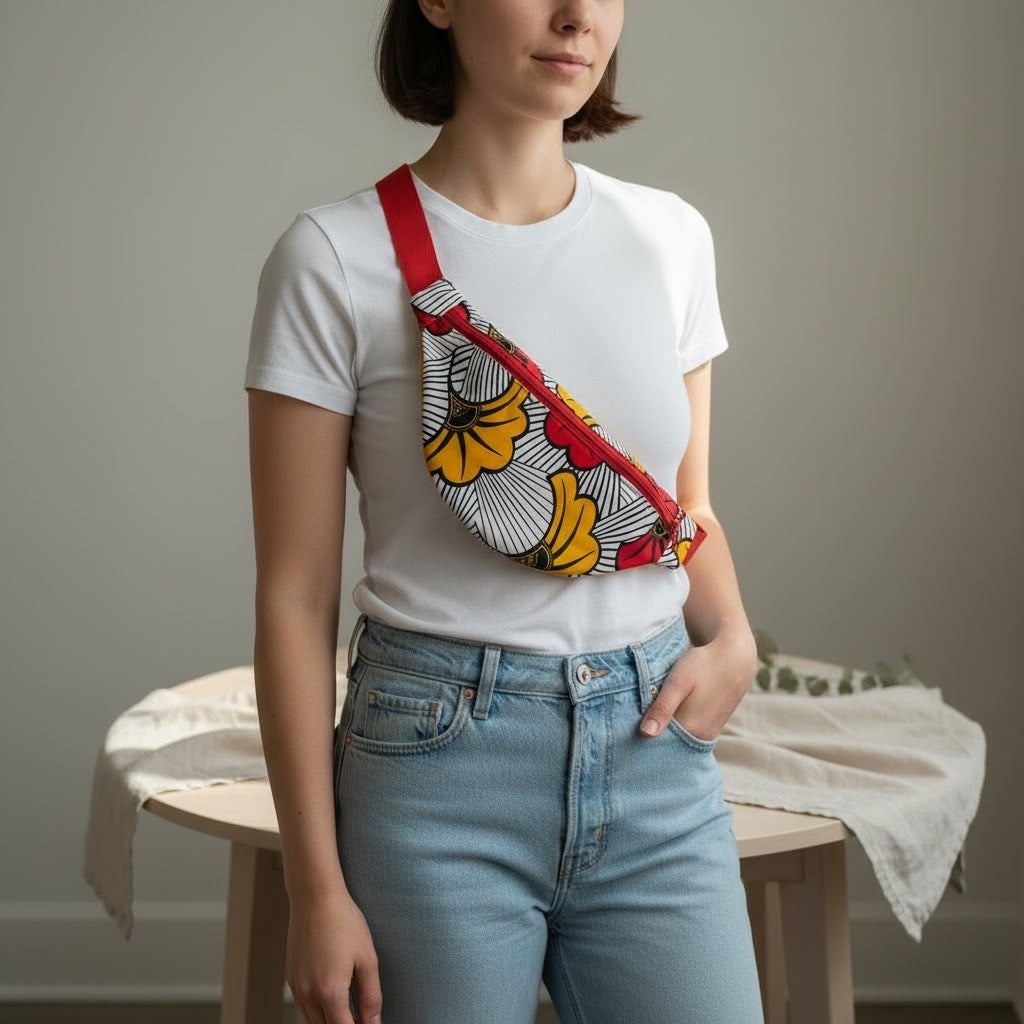 Sac banane Wax Mpesa unisexe en tissu wax multicolore avec sangle réglable et fermeture éclair.