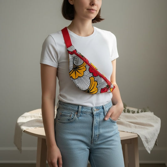 Sac banane Wax Mpesa unisexe en tissu wax multicolore avec sangle réglable et fermeture éclair.
