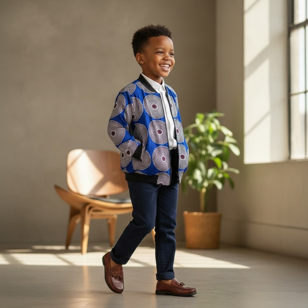 Bomber enfant ESEKA en wax africain bleu à cercles bordeaux – veste artisanale mixte
