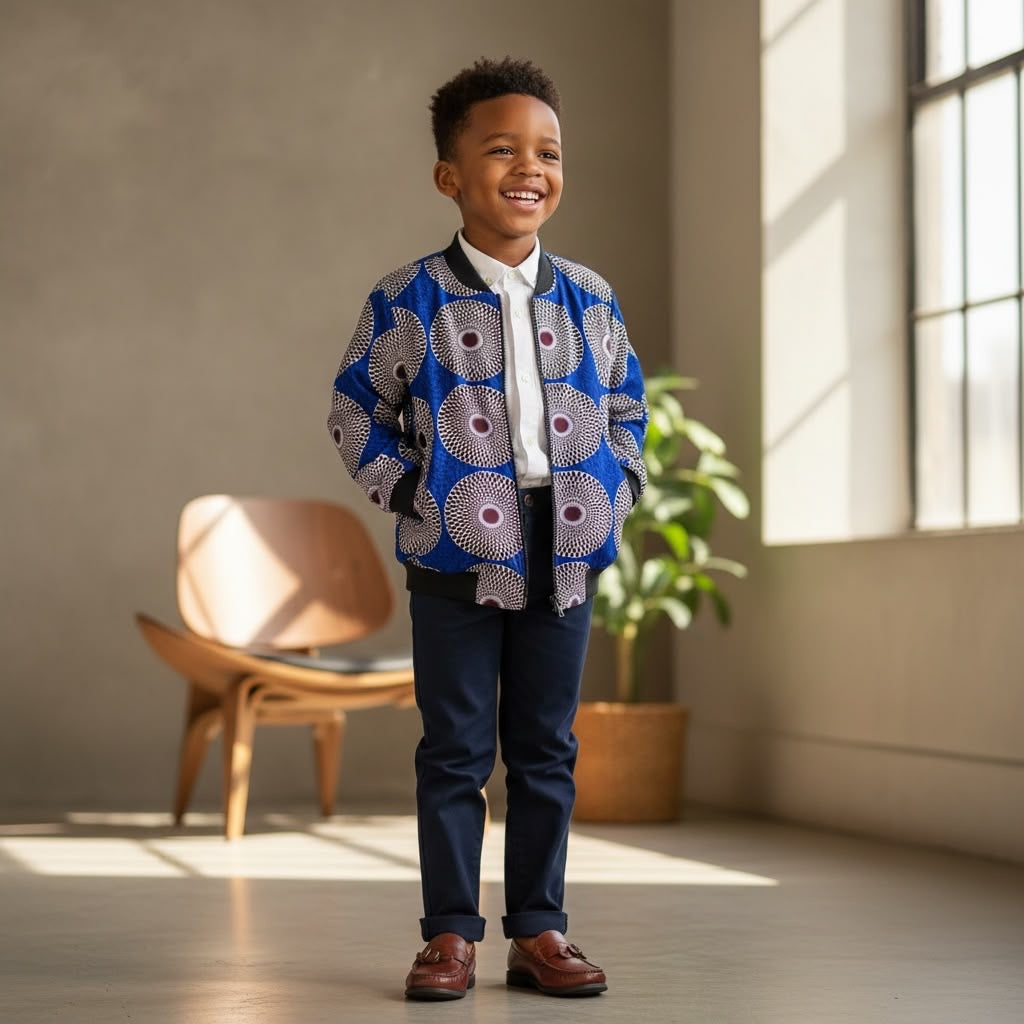 Veste bomber enfant faite main en petite série – wax africain motif bleu et bordeaux