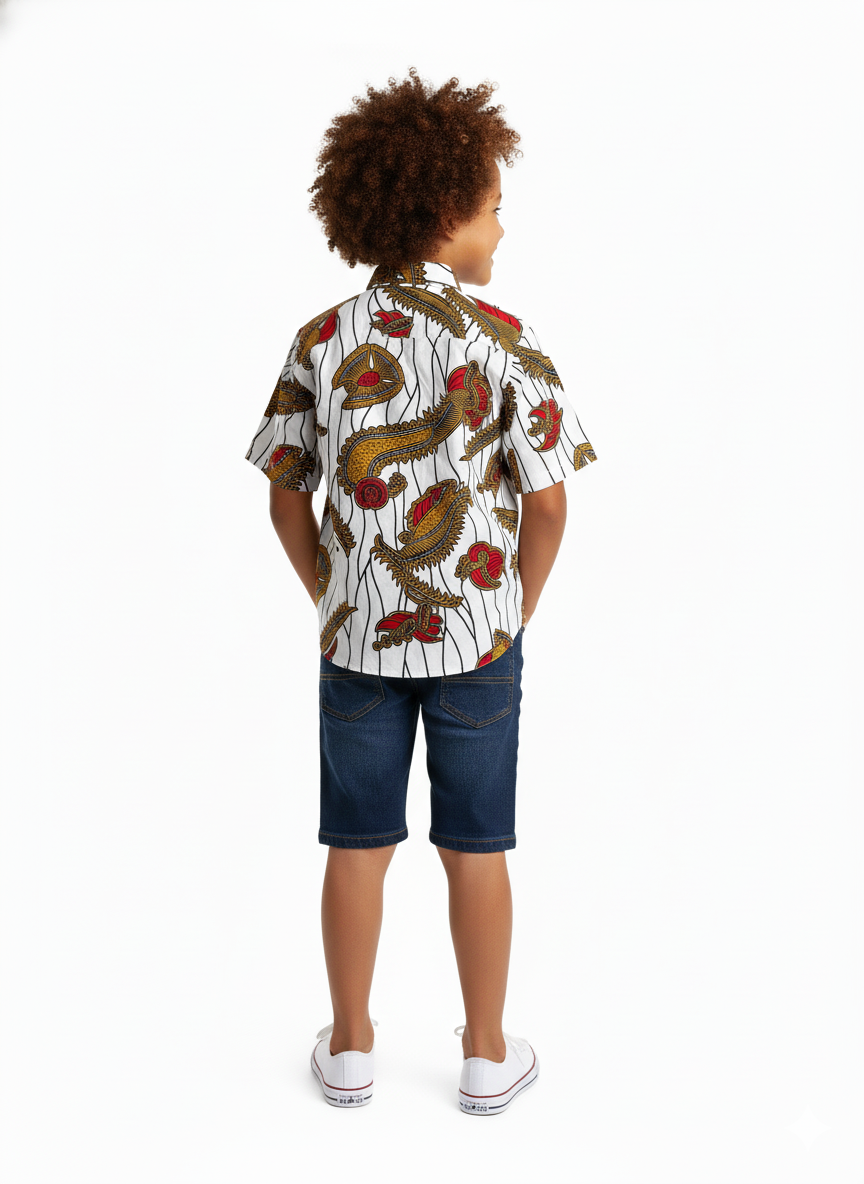 chemise garçon manches courtes en wax coloré avec col Mao élégant, une tenue afro moderne faite main pour les grandes occasions ou un style chic au quotidien.
