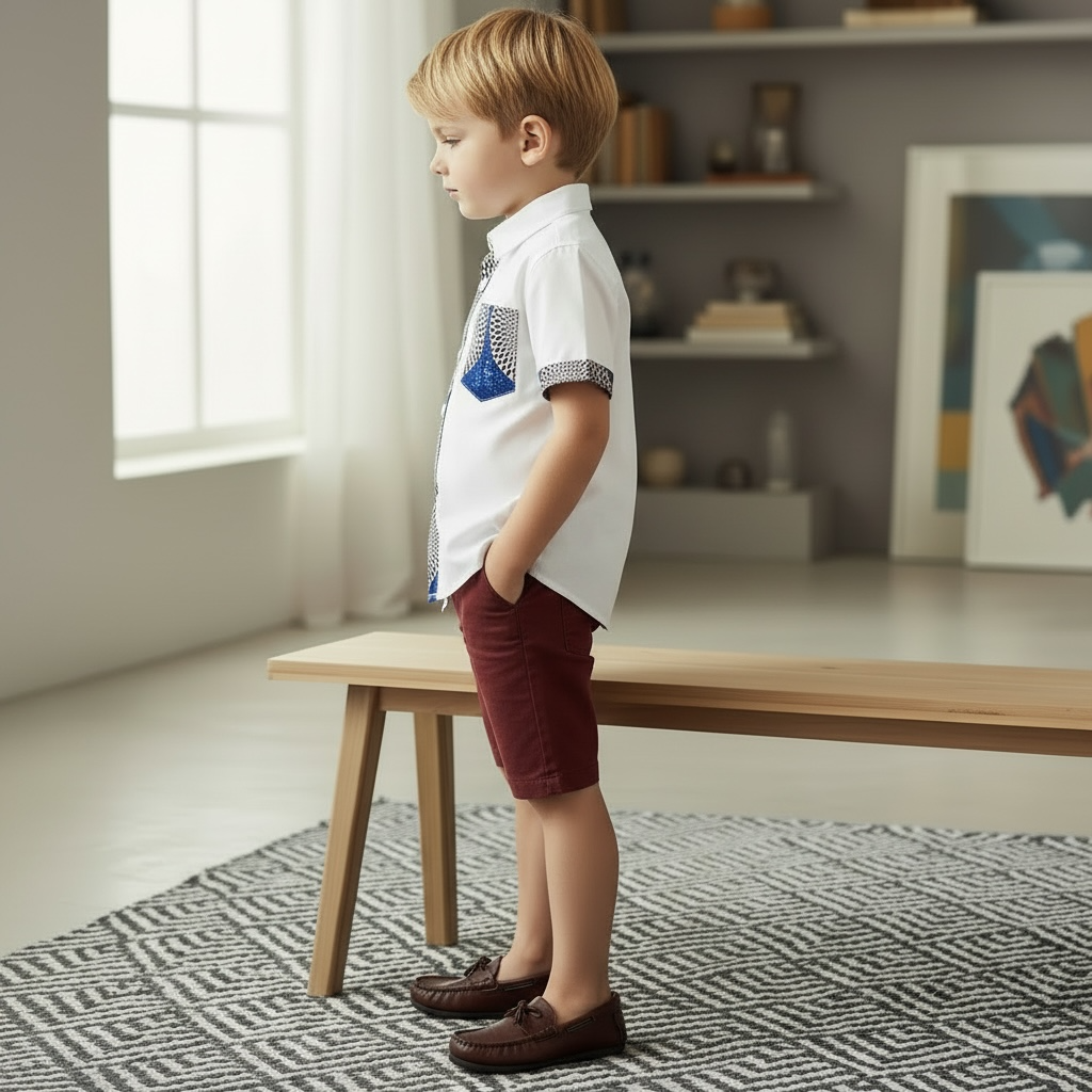 Chemise enfant afro moderne blanche avec finitions wax bordeaux col classique modèle Moungo