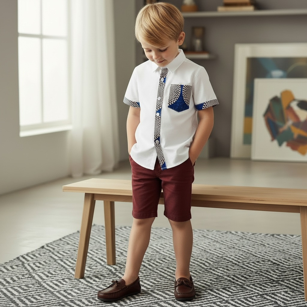 Chemise garçon blanche Moungo avec détails en tissu wax bordeaux sur manches, poche et devant