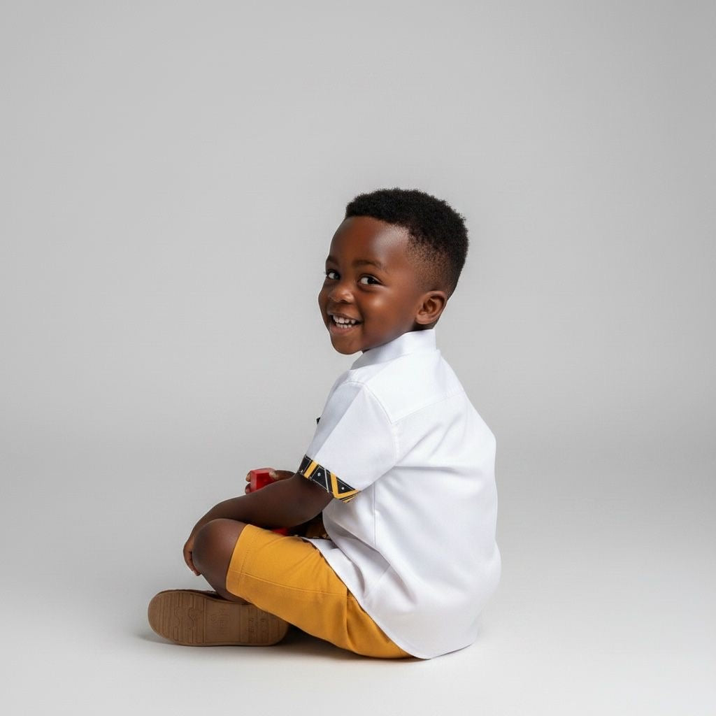 Chemise enfant afro moderne blanche avec finitions wax bogolan 100% coton modèle Bogolan