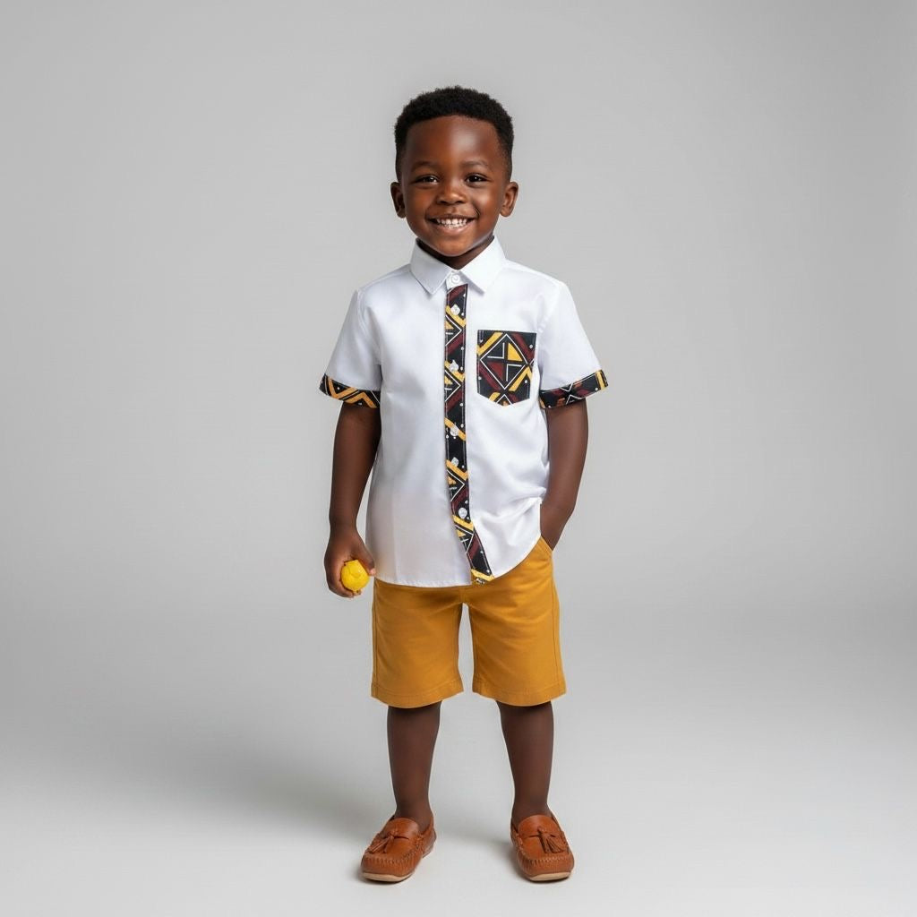 Chemise garçon blanche Bogolan avec détails wax en coton sur manches, poche et devant