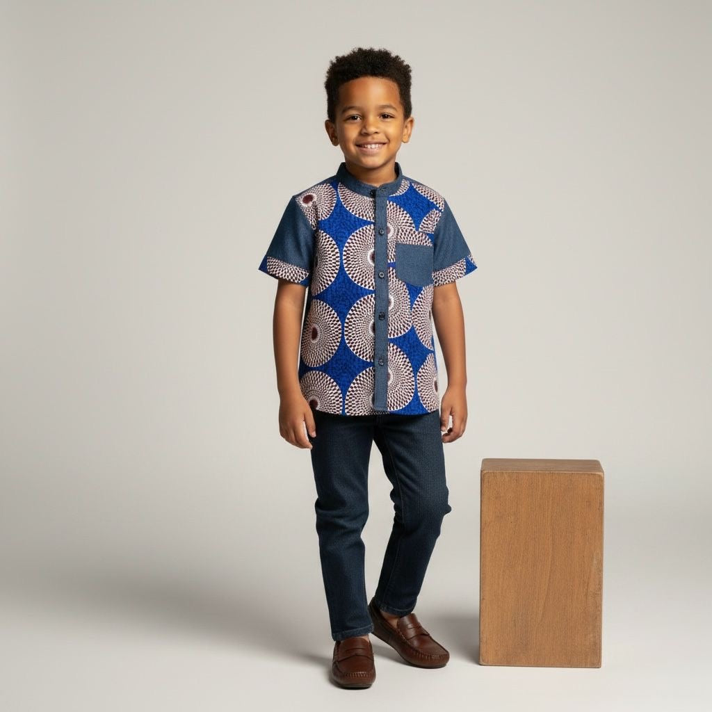 Chemise enfant garçon en tissu wax et jean, col Mao, confection artisanale, manches courtes vêtement original et confortable.