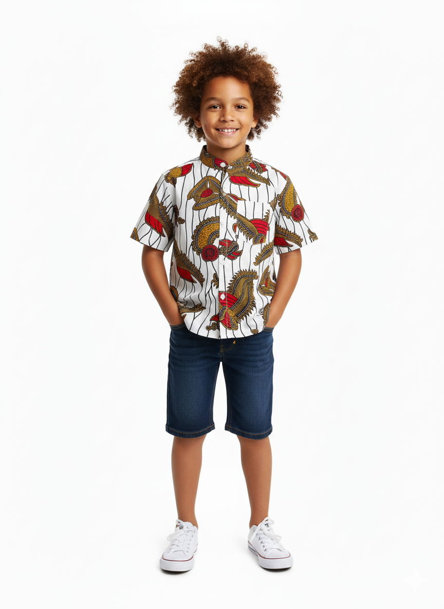 Chemise garçon à manches courtes en tissu wax, coupe droite avec col Mao. Un style à la fois moderne et traditionnel, parfait pour les tenues estivales ou habillées.
