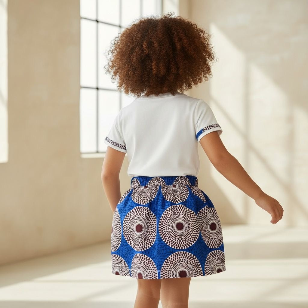 Ensemble fille avec jupe en wax et t-shirt customisé avec empiècements wax assortis – look afro moderne