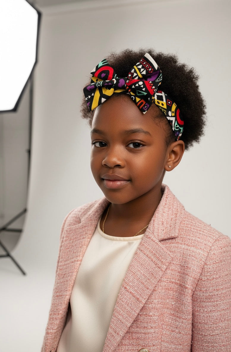 Bandeau en wax pour fille avec élastique à l’arrière, tissu coloré à motifs géométriques, accessoire cheveux enfant