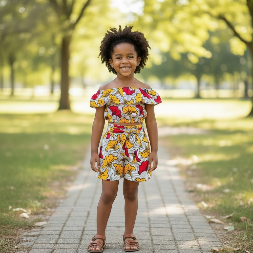 Ensemble fille full wax fleur de mariage avec crop top à épaules élastiques et short taille haute assorti, tenue estivale élégante pour enfant