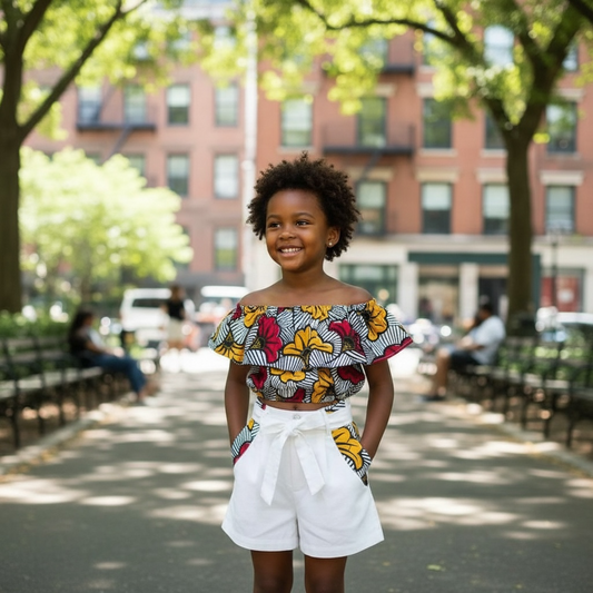 Ensemble fille en wax fleur de mariage avec crop top à épaules élastiques et short taille haute en lin blanc avec détails assortis sur les poches