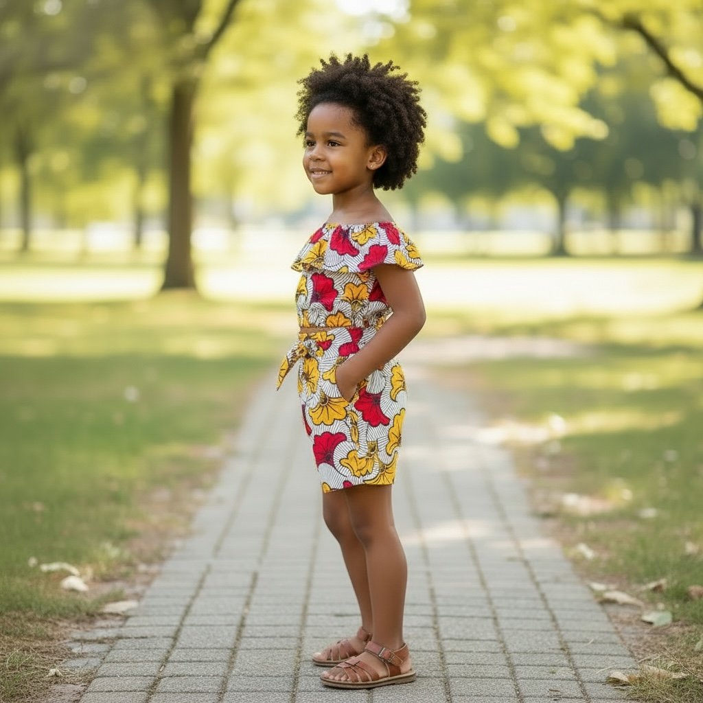 Ensemble enfant crop top et short en wax fleur de mariage, motifs colorés harmonisés, style chic et confortable pour petites filles