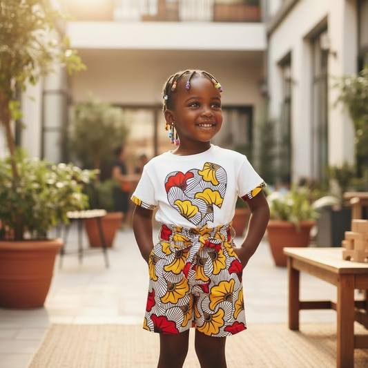 Ensemble fille avec short taille haute en wax fleur de mariage avec poches latérales et ceinture, accompagné d’un t-shirt blanc customisé avec deux cœurs en tissu wax assorti et finitions aux manches