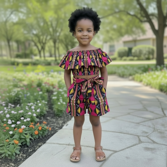 Ensemble fille full wax à fond rose avec crop top à épaules élastiques et short taille haute assorti, tenue estivale colorée et élégante pour enfant