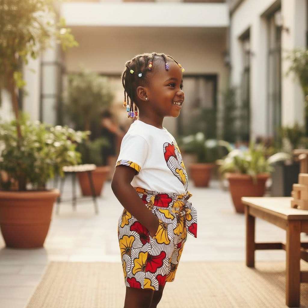 Tenue enfant avec short taille haute wax fleur de mariage et t-shirt personnalisé avec motif cœurs entrecroisés en wax et détails assortis sur les manches, look chic et confortable pour fille