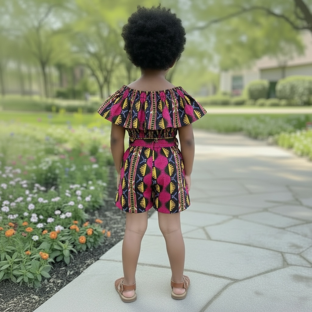 Ensemble enfant crop top et short en wax fond rose fleur de mariage, look chic et confortable pour petites filles, parfait pour l’été