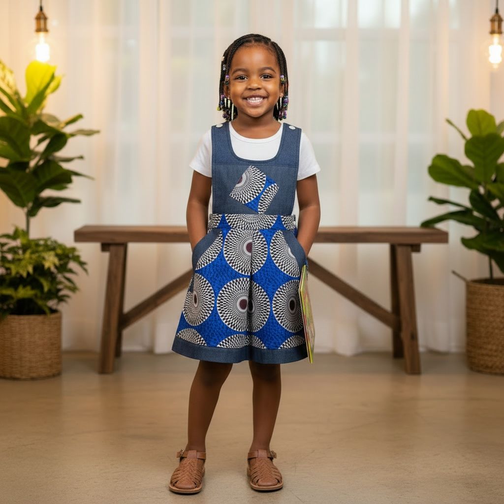 Salopette fille en tissu wax et denim, confection artisanale, vêtement enfant coloré, confortable et original.