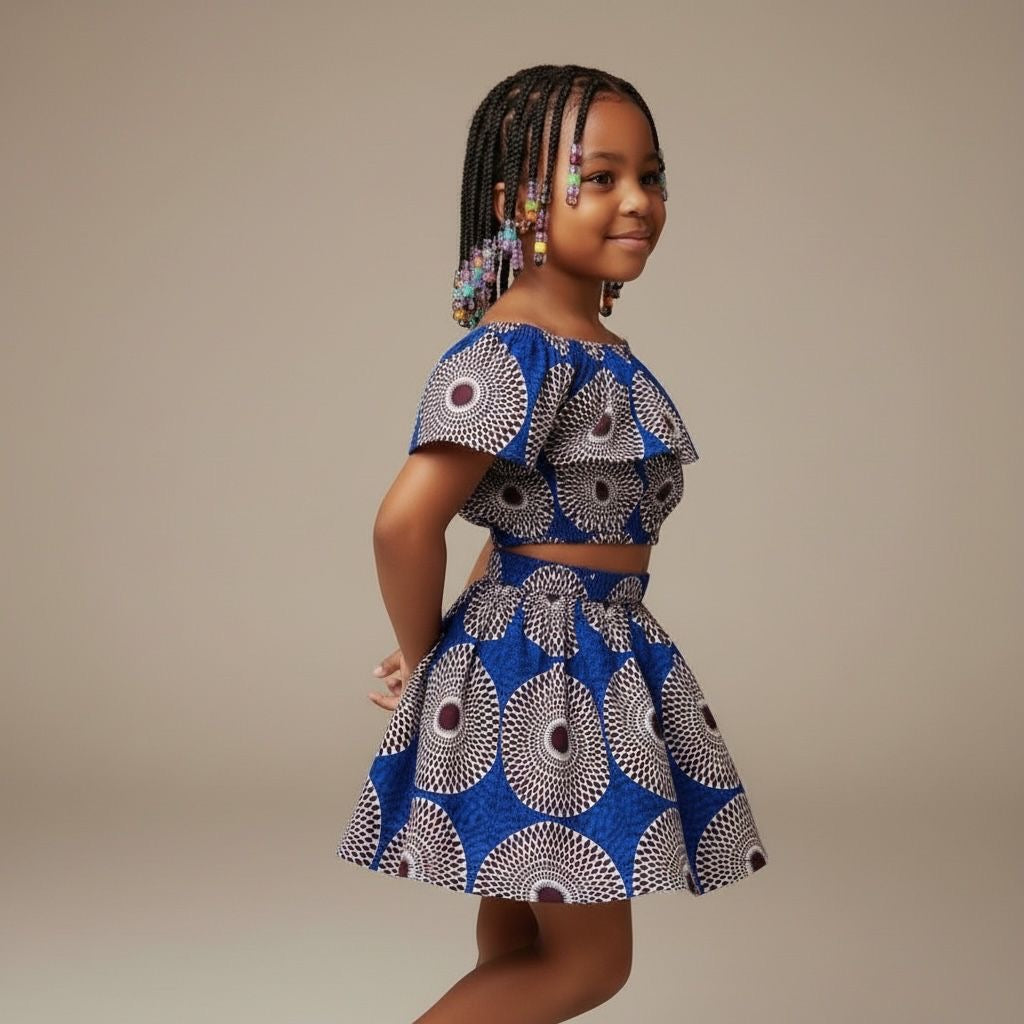 Ensemble enfant fille en wax africain composé d'un crop top et d'une jupe assortie, confection artisanale pour un style afro moderne et coloré.