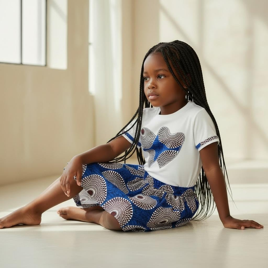 Tenue enfant avec jupe en wax et t-shirt customisé aux empiècements en wax coordonnés, idéale pour un look afro coloré et tendance.