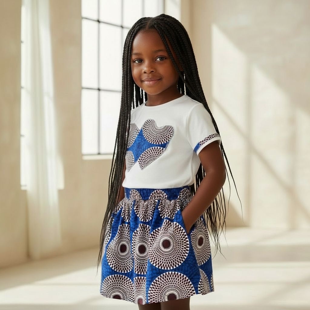 Ensemble fille composé d'une jupe en wax et d'un t-shirt personnalisé avec détails en wax assortis, pour un style afro chic et moderne.