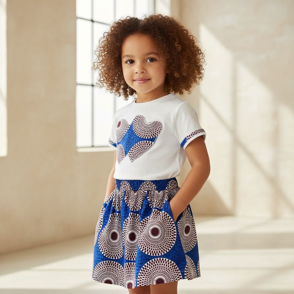Tenue fille composée d’une jupe en wax coloré et d’un t-shirt personnalisé avec tissu wax – idéal pour l’été