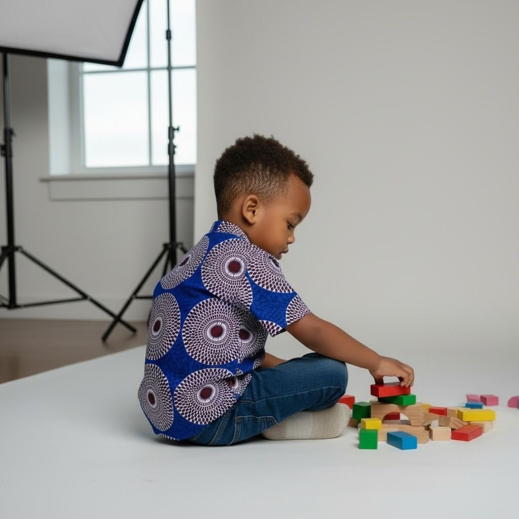 Chemise en wax pour enfant, motifs africains vibrants, confection artisanale, style afro-moderne pour garçons  de 2 à 12 ans, idéale pour un look coloré et unique