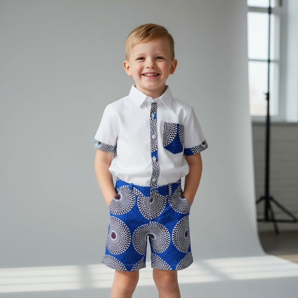 Tenue enfant africaine chic ensemble garçon avec chemise coton blanche et bermuda wax fait main