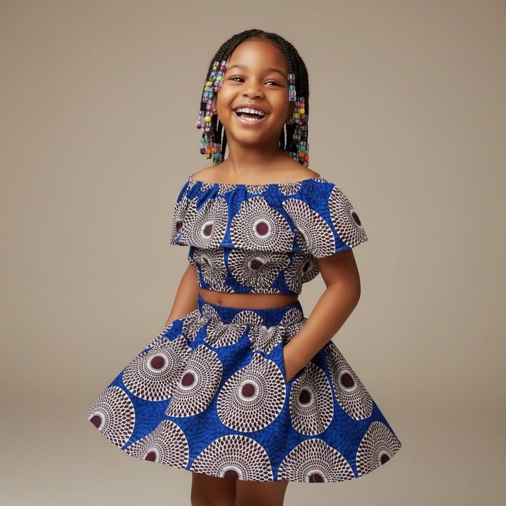 Ensemble fille en wax – crop top et jupe assortie faits main pour un look afro coloré