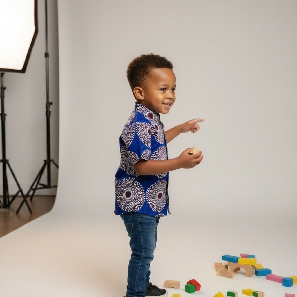Chemise garçon en tissu wax avec imprimés africains vibrants, vêtement fait main au style afro chic pour une tenue enfant originale et pleine de couleurs