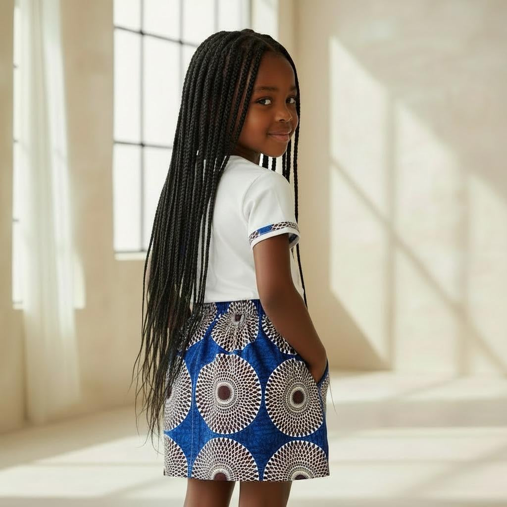 Ensemble fille avec jupe en wax et t-shirt customisé avec empiècements wax assortis – look afro moderne