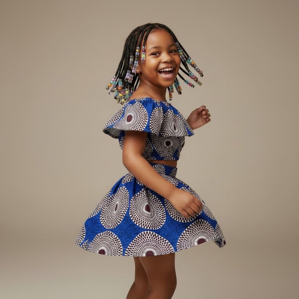 Fillette portant un ensemble en wax fait main avec crop top et jupe assortie, tenue afro chic et colorée pour enfant de 2 à 12 ans